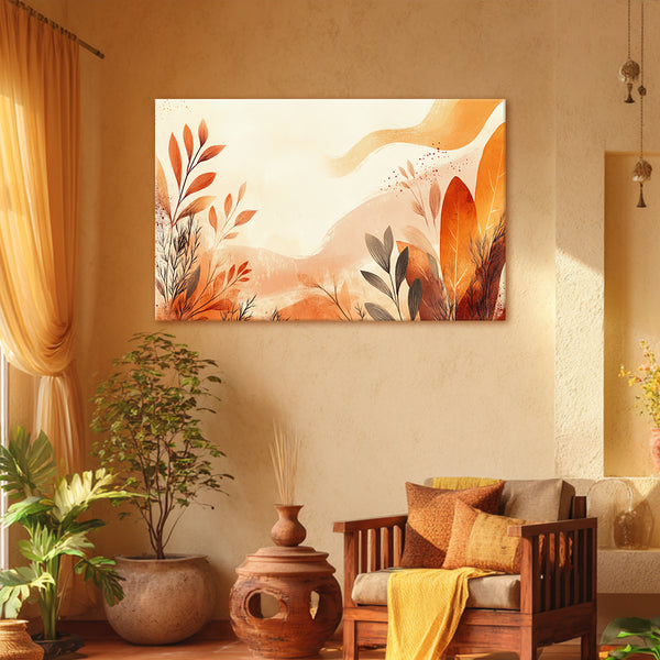 Decorative painting on a wall above a wooden chair with cushions in a warm-toned room.