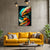 Yellow sofa in a living room with a colorful abstract painting on the wall.
