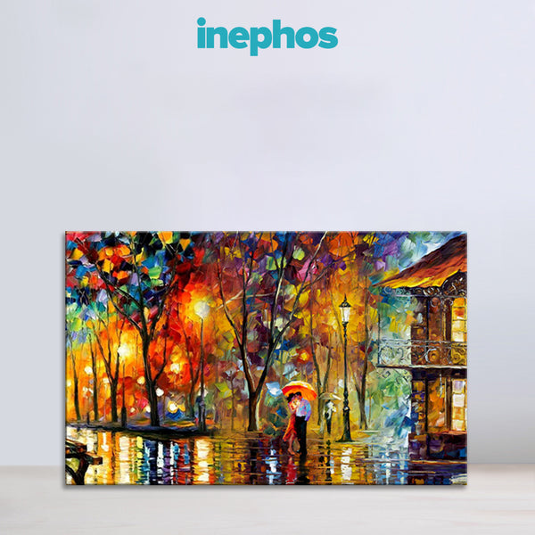 Colorful painting of a romantic scene with a couple under an umbrella, featuring the brand 'inephos' at the top.