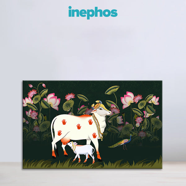 Decorative panel with a cow and calf illustration in a floral setting, branded 'inephos'.