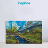 Canvas print of a mountain landscape with a river and trees, featuring the brand 'inephos'.
