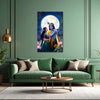 Framed artwork of two figures against a moonlit sky above a green sofa.