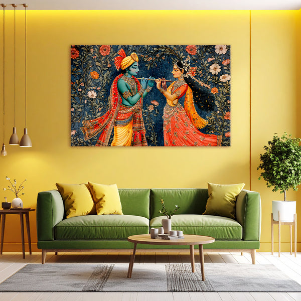 Living room with a green sofa, coffee table, and a large wall art of two figures playing music on a yellow wall.