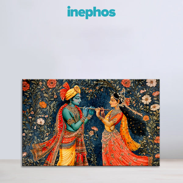 Framed artwork of two figures in traditional attire with floral elements, featuring the brand 'inephos'.