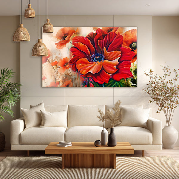 Living room with a large floral painting on the wall, beige sofa, wooden coffee table, and decorative elements.