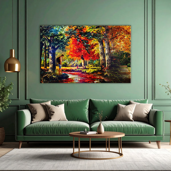 Living room with a green sofa, round wooden coffee table, and a colorful forest painting on the wall.