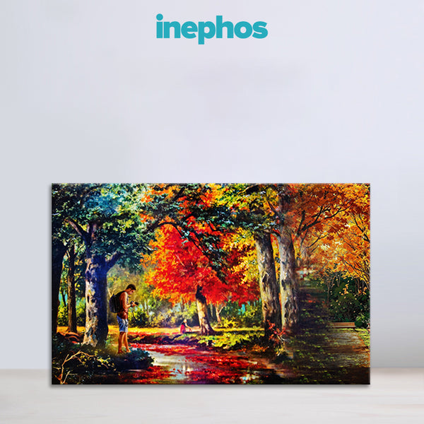 Colorful painting of a park scene with people under trees, featuring the brand 'inephos'.