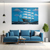 Modern living room with a blue sofa, coffee table, and decorative painting of a ship on the wall.