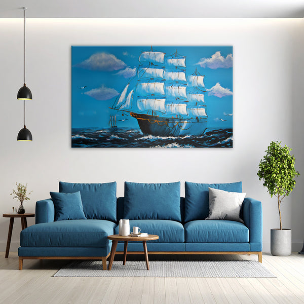 Modern living room with a blue sofa, coffee table, and decorative painting of a ship on the wall.