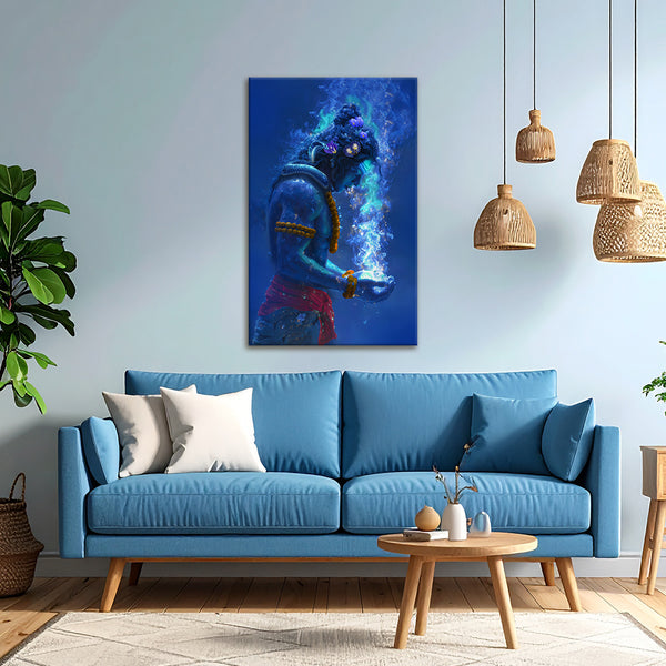 Living room with a blue sofa, abstract painting, and wooden coffee table.