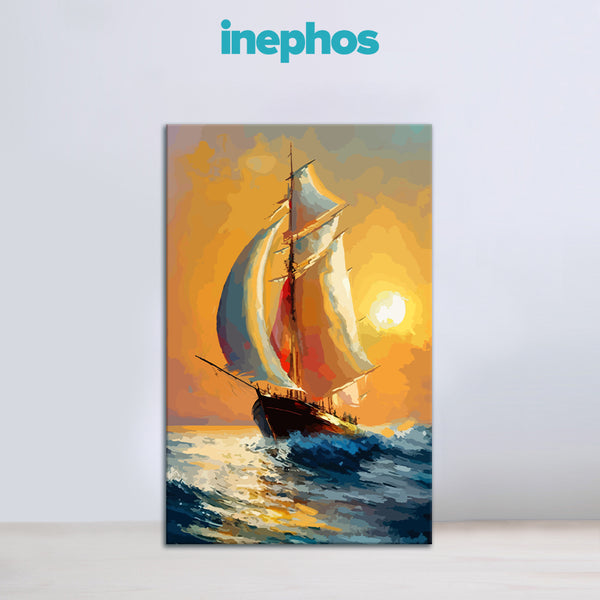 Golden Sunset Sailing Ship Canvas Painting for Living Room & Office | Ocean Waves Nautical Wall Art | Adventure & Travel Theme Decorative Canvas