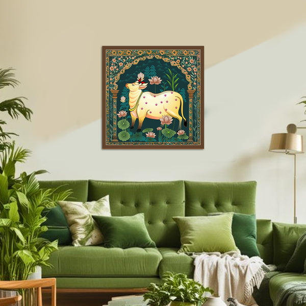 Kamdhenu Cow Traditional Indian Art Canvas | Sacred Cow Wall Painting for Home Mandir, Living Room & Vastu Décor