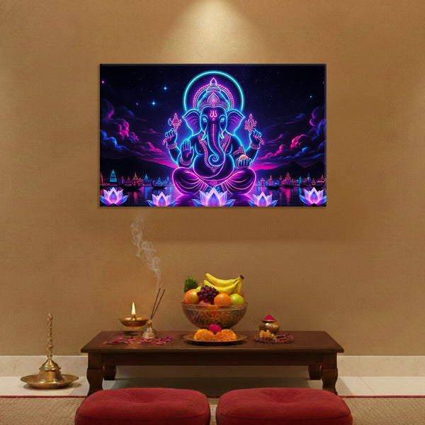 Lord Ganesha Canvas Painting | Cosmic Neon Style Effect Ganpati Wall Art | Modern Spiritual Artwork for Living Room, Meditation Space & Puja Room