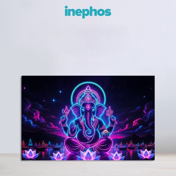 Lord Ganesha Canvas Painting | Cosmic Neon Style Effect Ganpati Wall Art | Modern Spiritual Artwork for Living Room, Meditation Space & Puja Room