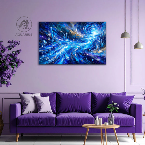 Aquarius Zodiac Wall Art | Cosmic Flow of Innovation & Infinite Vision | Futuristic Celestial Astrology Canvas Painting | Intelligence, Freedom & Higher Consciousness Artwork | Luxury Aquarius Decor