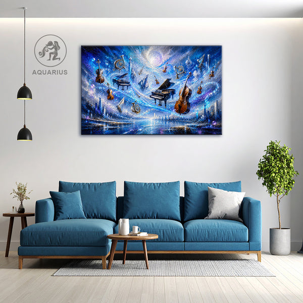 Aquarius Zodiac Wall Art | Celestial Symphony of Creativity & Innovation | Futuristic Musical Cosmos Astrology Canvas Painting | Vision, Imagination & Artistic Freedom Decor