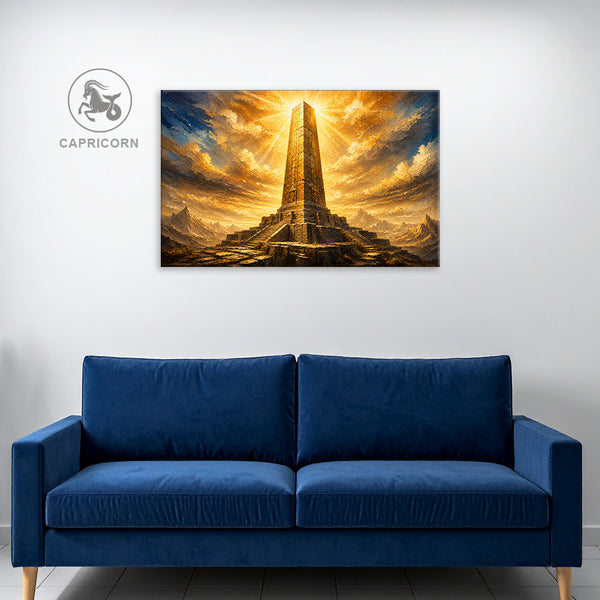 Capricorn Zodiac Wall Art | Golden Monument of Legacy & Authority | Celestial Obelisk Astrology Canvas Painting | Discipline, Stability & Power Artwork | Luxury Capricorn Spiritual Decor