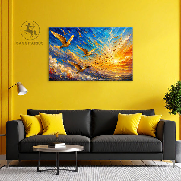 Sagittarius Zodiac Wall Art | Golden Birds of Freedom & Infinite Horizons | Celestial Sky Astrology Canvas Painting | Adventure, Expansion & Spiritual Liberation Artwork | Luxury Sagittarius Decor