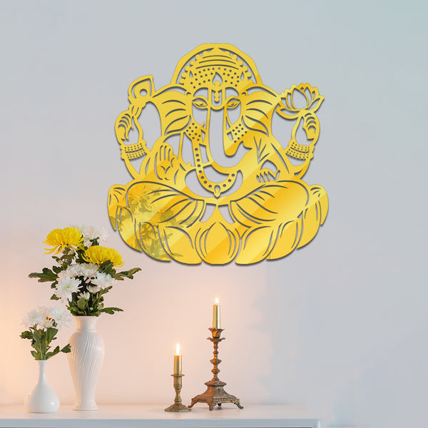 Traditional Lotus Ganesh Acrylic Wall Art | Artistic Golden Ganesha Wall Hanging For Pooja Room
