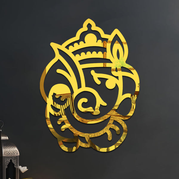 Abstract Ganesh Ji Face Acrylic Wall Art | Minimalist Golden Design For Modern Indian Homes