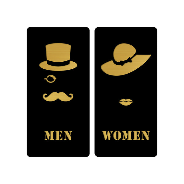 Men & Women Washroom Acrylic Signage with Hat Design | Premium Black & Gold Toilet Sign Board | Stylish Restroom Sign for Office, Hotel & Commercial Spaces