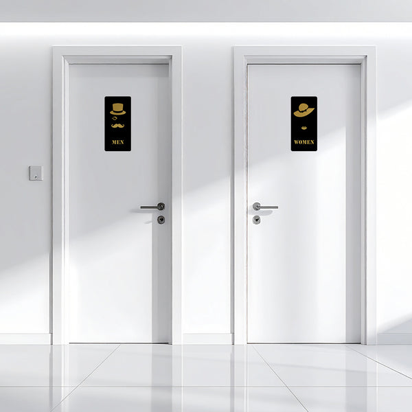 Men & Women Washroom Acrylic Signage with Hat Design | Premium Black & Gold Toilet Sign Board | Stylish Restroom Sign for Office, Hotel & Commercial Spaces