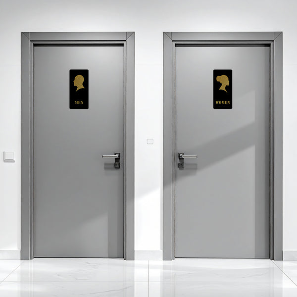 Men & Women Washroom Acrylic Signage with Profile Silhouette Design | Premium Black & Gold Toilet Sign Board | Minimal Restroom Sign for Office, Hotel & Commercial Spaces