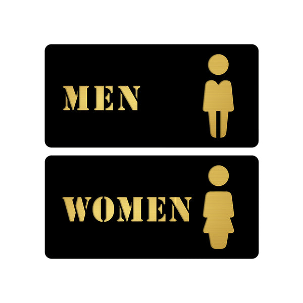 Men & Women Washroom Acrylic Signage with Text & Icon Design | Premium Black & Gold Toilet Sign Board | Modern Restroom Sign for Office, Hotel & Commercial Spaces