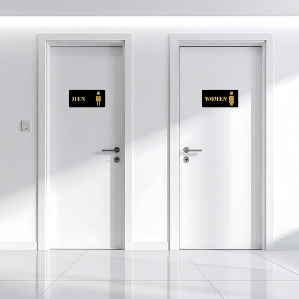 Men & Women Washroom Acrylic Signage with Text & Icon Design | Premium Black & Gold Toilet Sign Board | Modern Restroom Sign for Office, Hotel & Commercial Spaces
