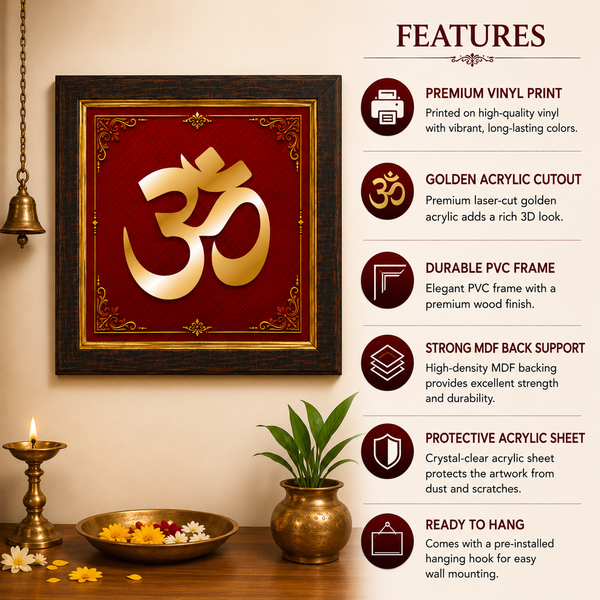 Golden Om Acrylic Photo Frame | Premium Hindu Spiritual Wall Decor | Red & Gold Om Symbol Frame for Home, Office & Pooja Room