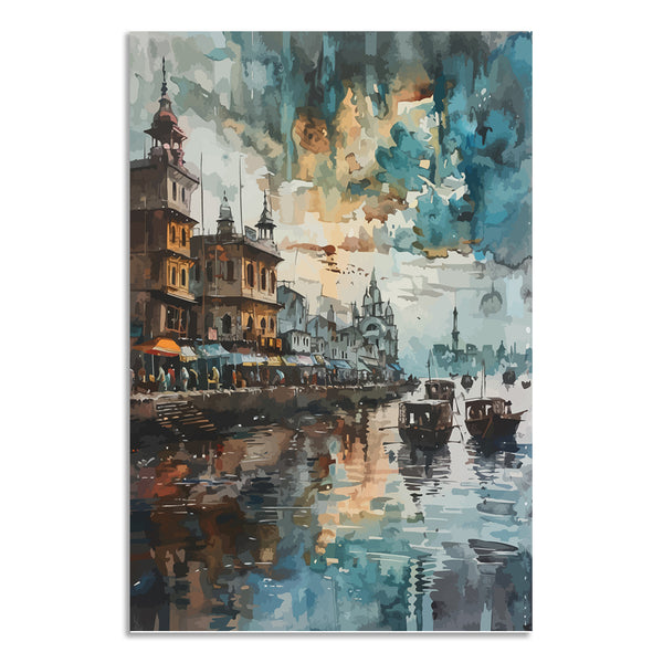 Artistic depiction of a waterfront scene with buildings and boats.