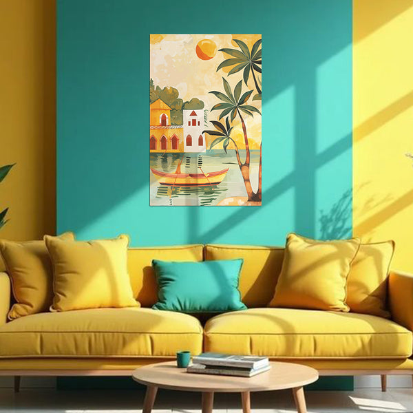 Yellow sofa with colorful cushions in a room with a turquoise wall and a tropical-themed painting.