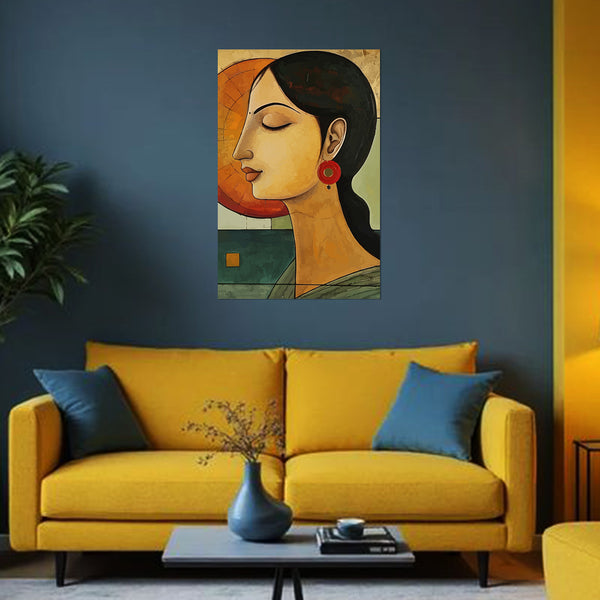 Yellow sofa with blue cushions in a living room, featuring a wall art of a woman's face.