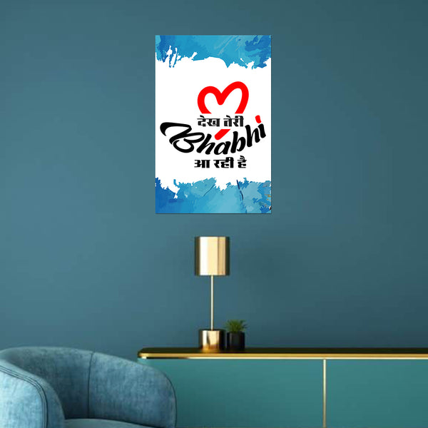 Decorative wall poster with colorful text and design on a blue wall above a teal sofa.