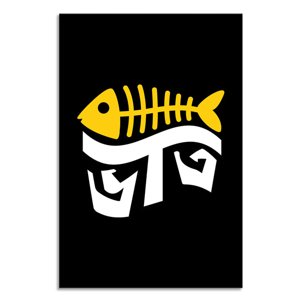 Yellow fish skeleton logo on a black background