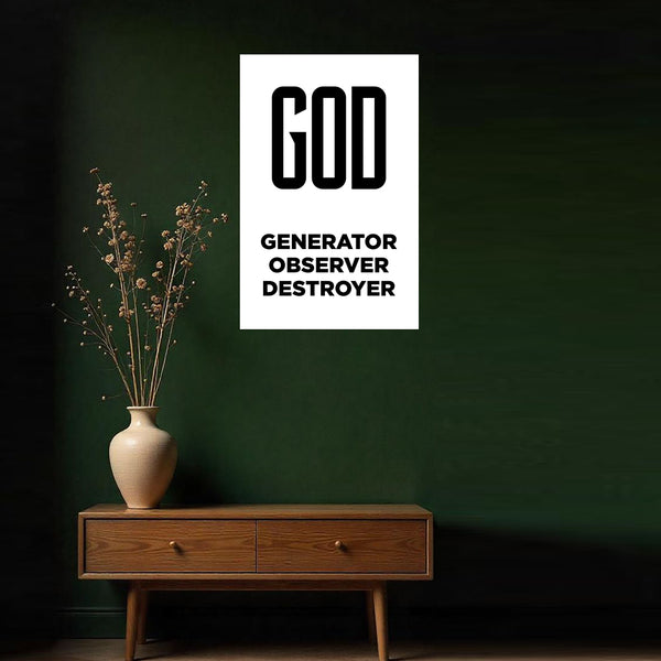 Wooden console table with a vase of dried flowers against a dark green wall with a poster displaying text.