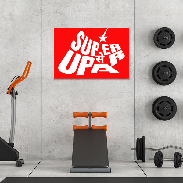 Gym setting with a red sign reading 'Super Up' on a concrete wall.