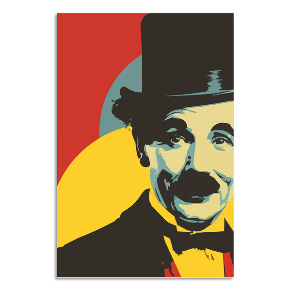 Pop art-style portrait of a man in a top hat with a red and yellow background