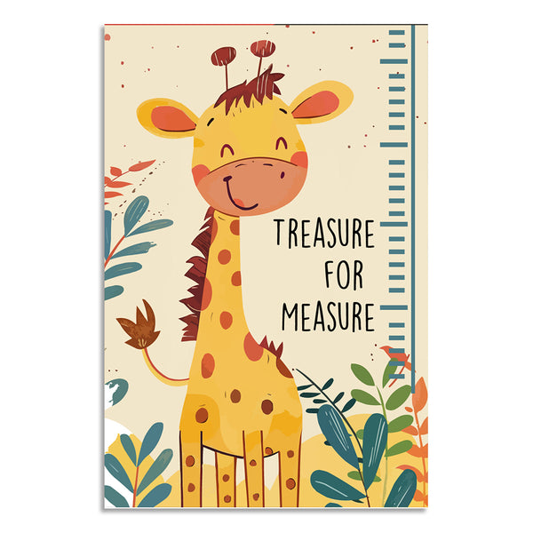Cartoon giraffe with text 'Treasure for Measure' on a decorative background