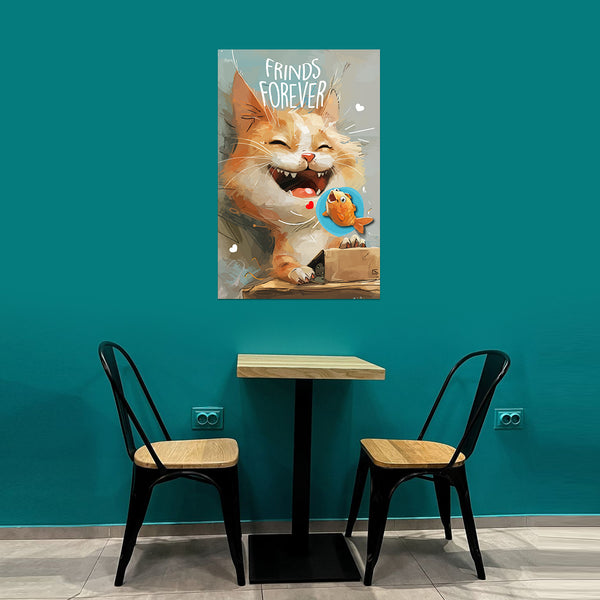 Poster of a cat and fish with 'Friends Forever' text on a teal wall above a table and chairs.