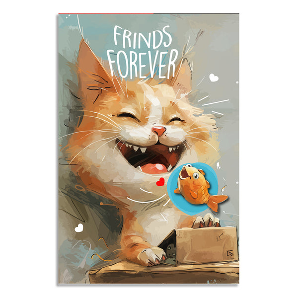 Illustration of a cat with a fish and 'Friends Forever' text on a gray background
