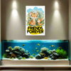 Poster with cartoon tigers and 'Friends Forever' text above an aquarium with fish and coral.
