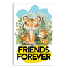 Illustration of a tiger and deer surrounded by foliage with 'Friends Forever' text on a white background