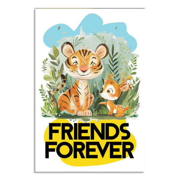 Illustration of a tiger and deer surrounded by foliage with 'Friends Forever' text on a white background