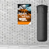 Motivational poster with text and mountain graphic next to a punching bag on a brick wall background