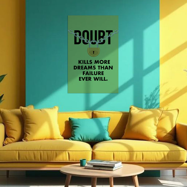 Yellow sofa with decorative pillows against a teal wall with motivational poster.