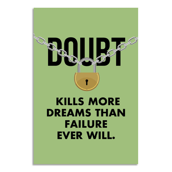 Necklace with a lock charm on a green card with motivational quote