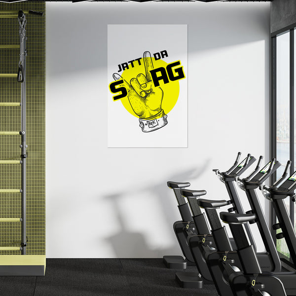 Gym interior with a poster on the wall featuring a graphic design.