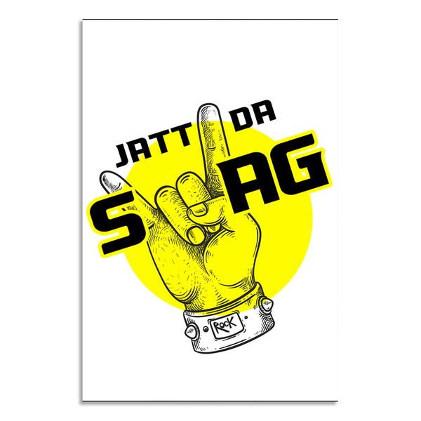 Hand making a peace sign with text 'JATT DA SAG' on a yellow circle background