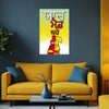 Yellow sofa with decorative pillows in a living room setting, featuring a colorful poster on the wall.